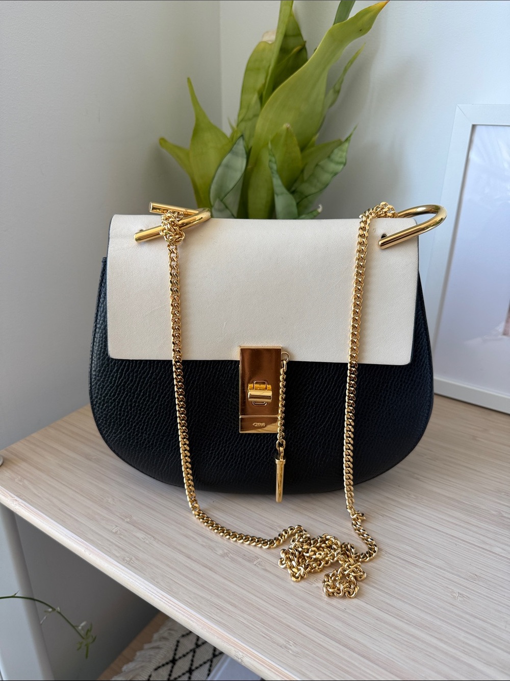 Authentic Chloé Small Drew Bag - Ivory & Black Leather Crossbody with Gold Chain